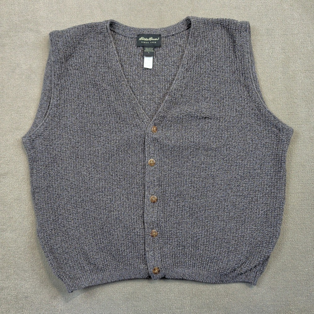Vintage Eddie Bauer Sweater Vest Mens Large Gray Blue 100% Cotton Made in USA